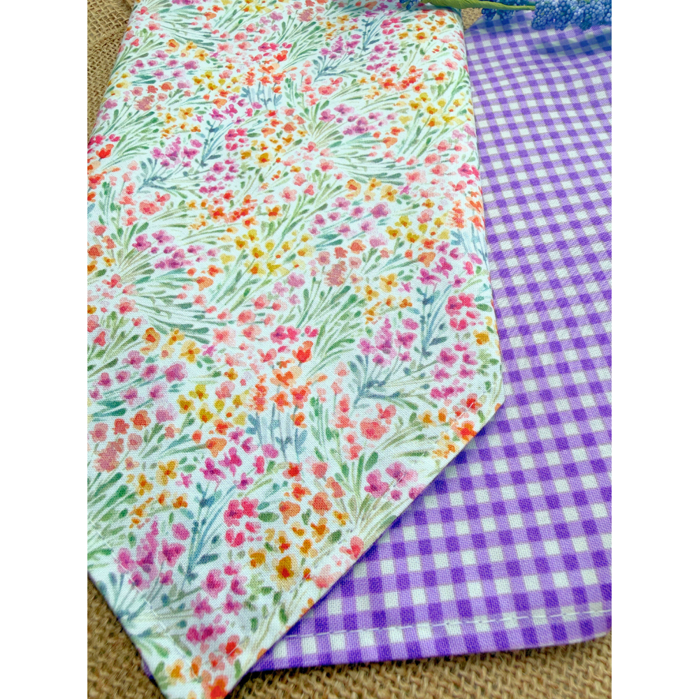 Pastel Spring Florals with Purple Gingham Reversible Spring Bandana for Pets