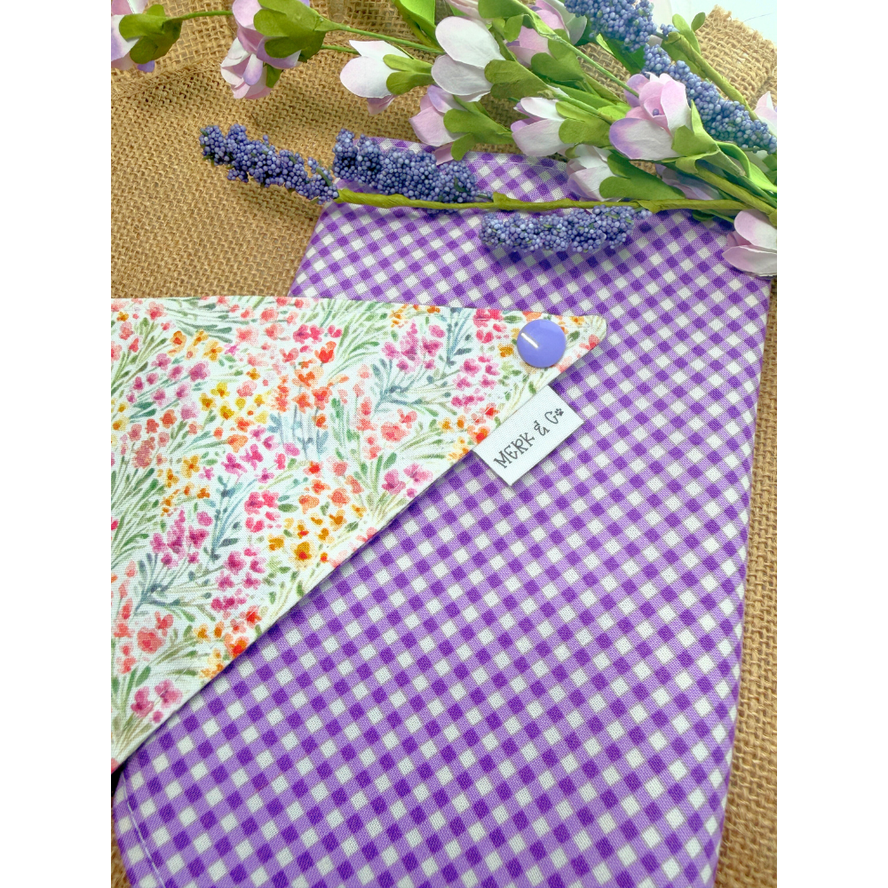 Pastel Spring Florals with Purple Gingham Reversible Spring Bandana for Pets