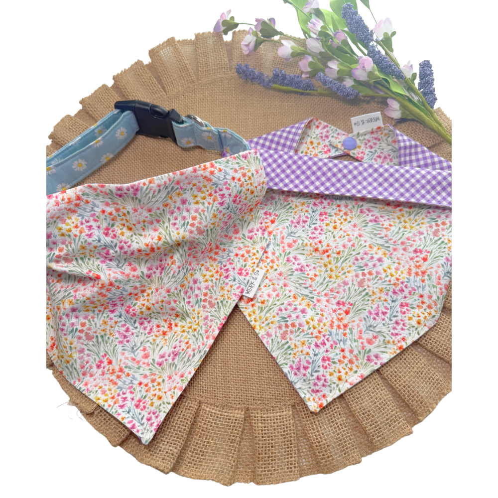 Pastel Spring Florals with Purple Gingham Reversible Spring Bandana for Pets
