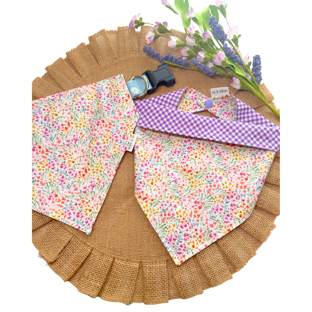 Pastel Spring Florals with Purple Gingham Reversible Spring Bandana for Pets